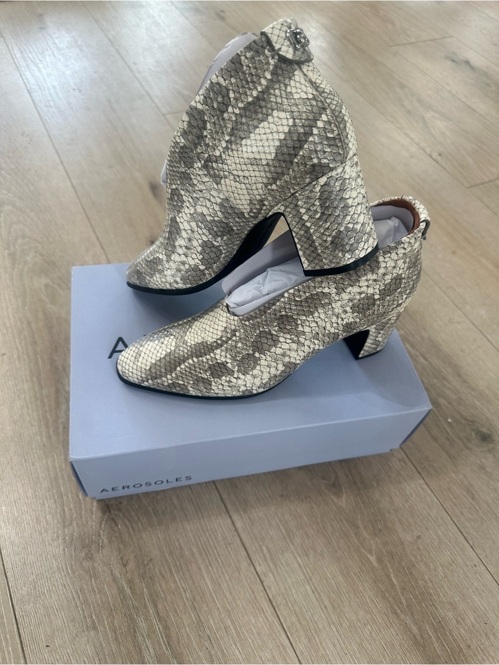 AEROSOLES Women's Snake-Print Block Heel Ankle Boots in Cream and Gray